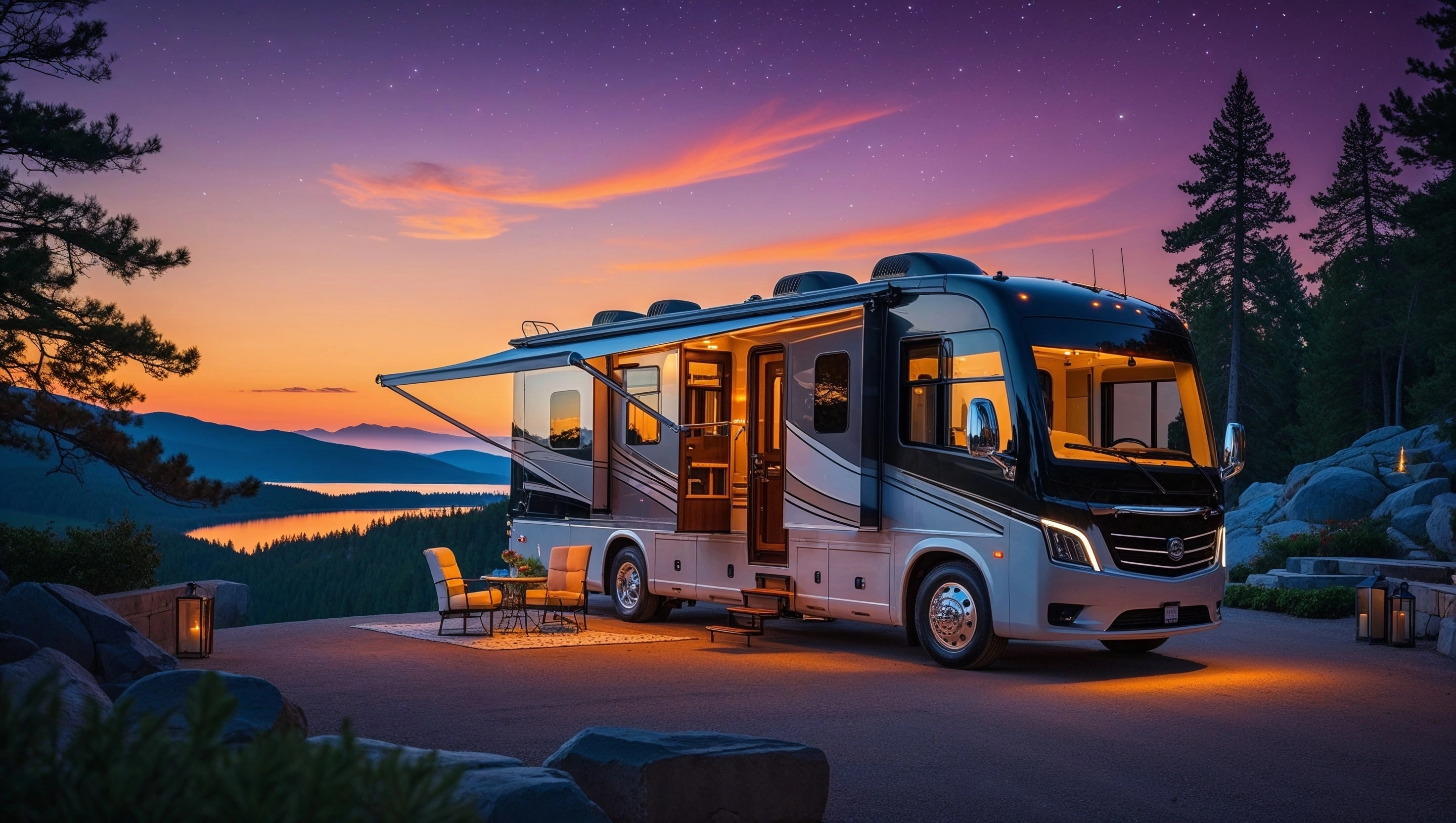Luxury Class A RV parked in scenic mountain location