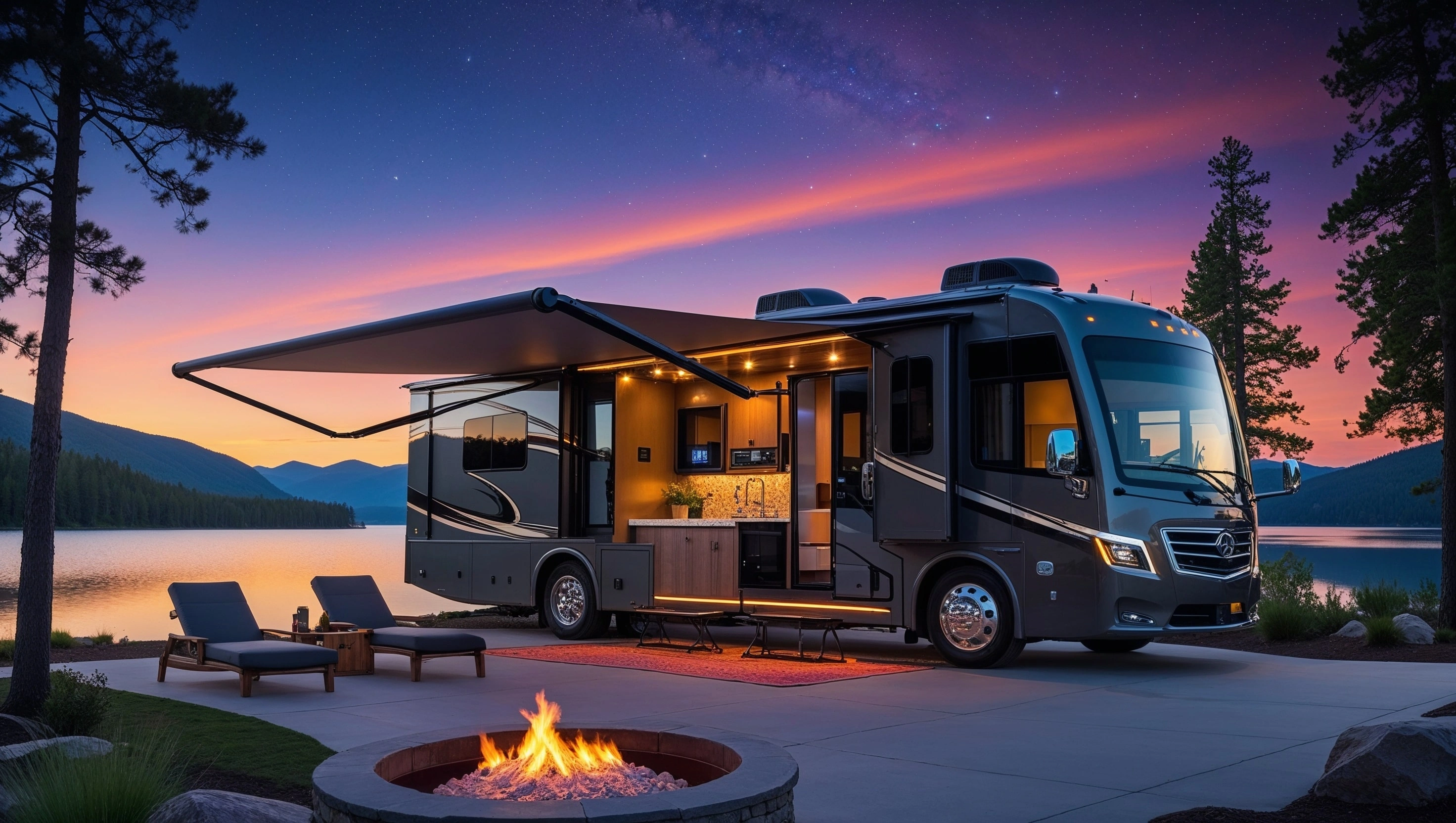 Luxury RV parked at scenic mountain location