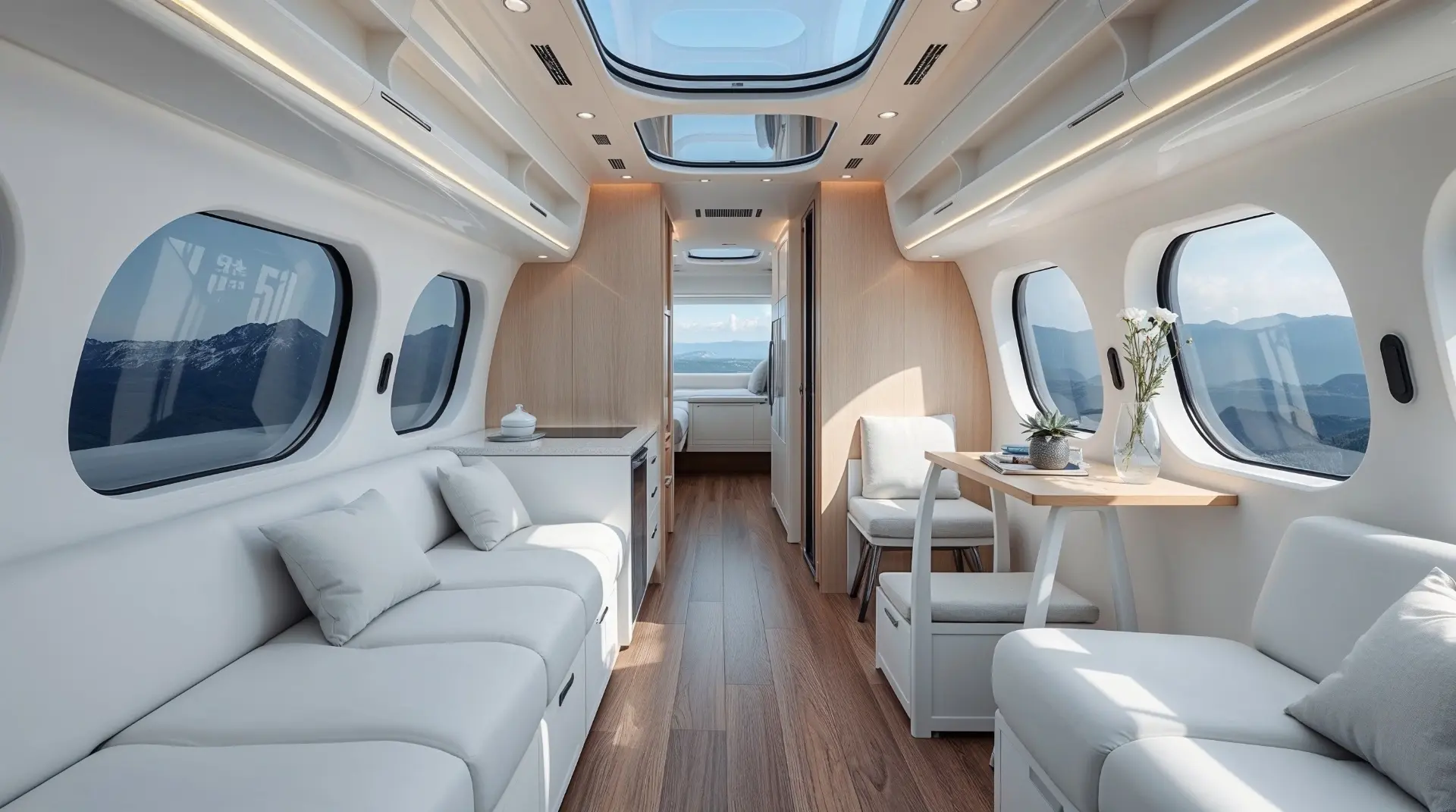 Luxury Smart RV interior with panoramic windows and modern intelligent design