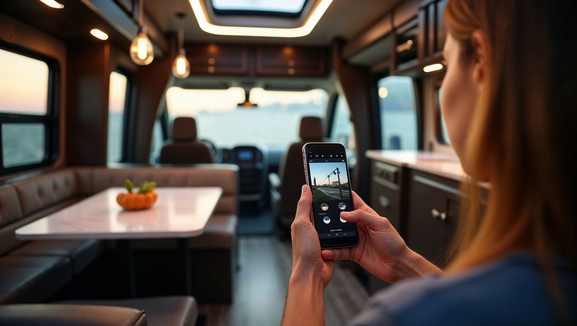Interior view of a Smart RV with a person using a smartphone